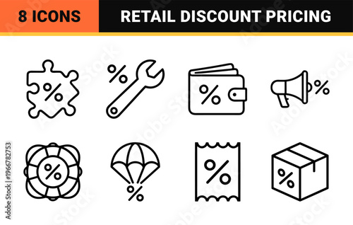 Commercial Retail Sales and Discount Pricing Promotion Geometric Line Art Symbols for E-commerce Interface Design and Marketing Strategy Utility.
