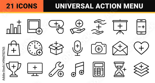 Universal Interface Additive Actions and Plus Sign Integration. minimalist monoline geometric line art for web and mobile applications.