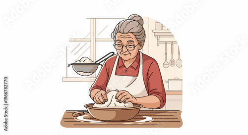 Elderly woman with glasses kneads dough in a rustic kitchen