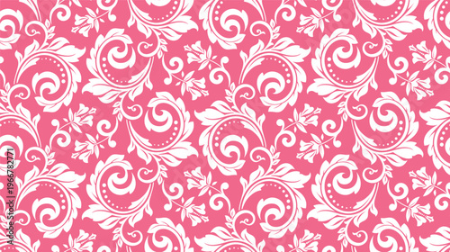 Wallpaper in the style of Baroque. White and pink floral ornament. Seamless vector background. Graphic pattern for fabric, wallpaper, packaging. Ornate Damask flower illustration