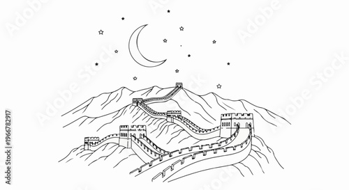 Great Wall winds through mountains under a starry moonlit sky