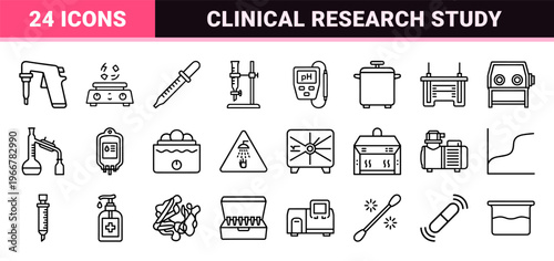 Scientific Laboratory Research and Biotech Outline Icons Featuring Minimalist Monoline Geometric Symbols for Clinical Chemistry and Workspace.