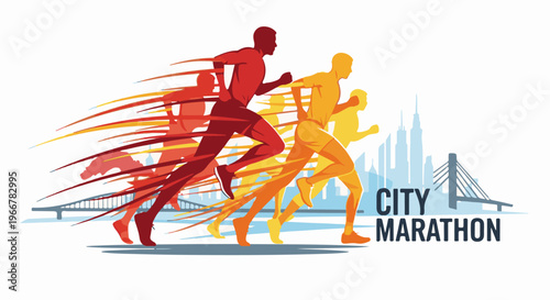Runners in a race with city skyline and bridge