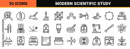 Advanced Science and Chemistry Research Lab Monoline Icons featuring Minimalist Molecular Biology, Physics, and Biotech Geometric Line Art.