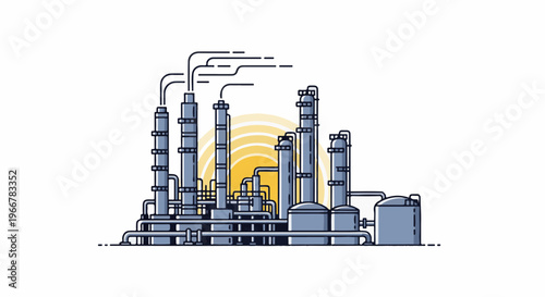 Industrial complex with tall towers, pipes, tanks, and a rising sun