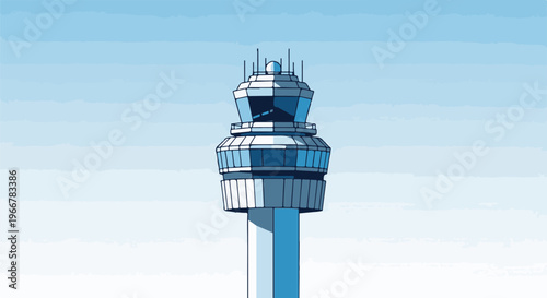 Geometric air traffic control tower against a gradient sky