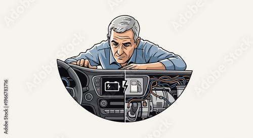 Man observing car dashboard split electric charge symbol versus fuel pump