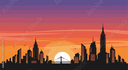 Pixel art cityscape with bridge and sunset, sky transitions from purple to orange