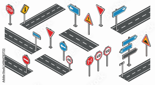 Collection of isometric road signs and highway segments
