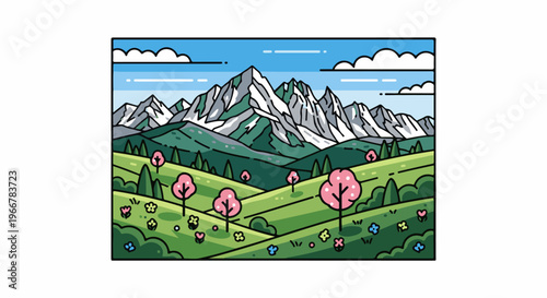 Pixelated cartoon mountain range with rolling green hills and pink trees