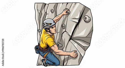Man with helmet climbs artificial rock wall with holds