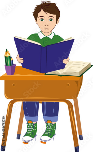 Drukowanie . Boy with a book sits at a desk. vektor 