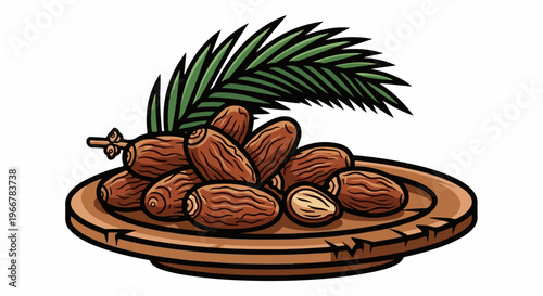 Pile of dates with palm frond on a wooden plate