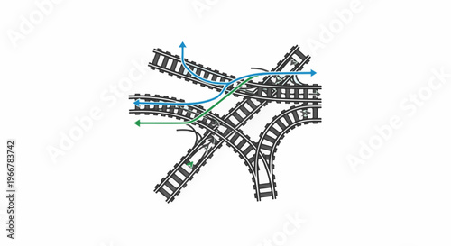 Complex railway junction with directional arrows indicating train routes