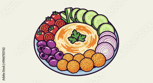 Pixel art platter of hummus, falafel, olives, tomatoes, cucumber, and onion slices