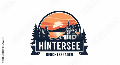 Lakeside scene with a castle-like building at sunset