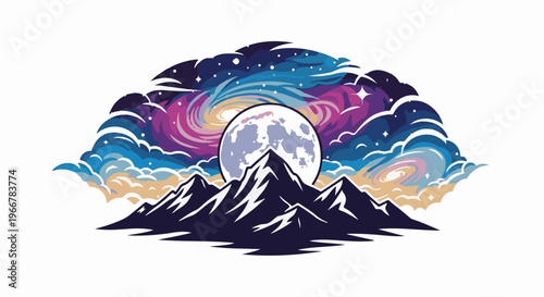 Mountains below a vibrant moonlit sky with swirling galaxies