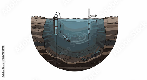 Cross-section shows underground water layers with scientific equipment