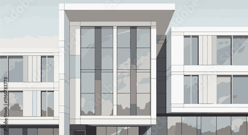 Modern minimalist building with large glass windows and white facade