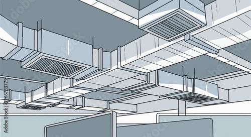 Isometric perspective of suspended rectangular air ducts and diffusers