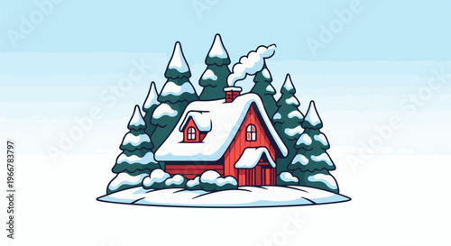 Cozy red cabin nestled in snow-covered pine trees with smoke from chimney