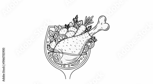 Line art of a roasted chicken leg and vegetables served in a wine glass