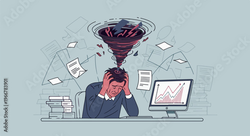 Overwhelmed person in office with swirling tornado of thoughts and papers