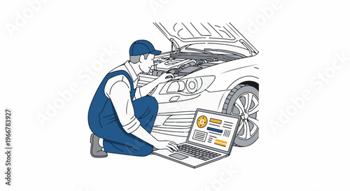 Mechanic inspects car engine with laptop diagnostic tool