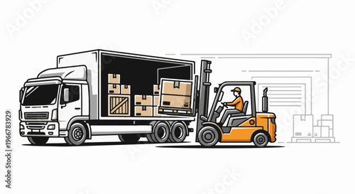 Forklift loads boxes onto truck at warehouse