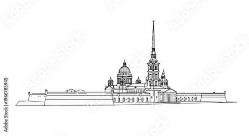 Ornate fortress complex with a tall spire and multiple domes, rendered in black outline