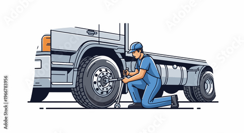 Mechanic kneeling and tightening a truck tire with a wrench