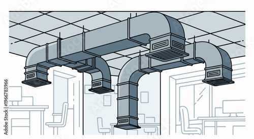 Office interior with suspended air conditioning ducts and furniture