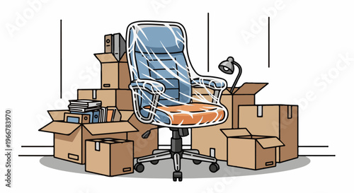 Office chair and boxes, ready for a move or storage, with lamp