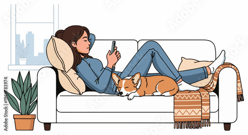 Person on sofa with phone, dog sleeping, plant, and city view