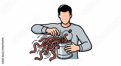 Person opens can spilling out wriggling worms, suggesting a metaphorical surprise