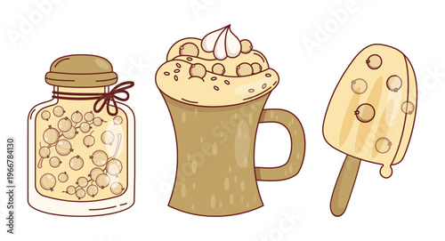 White Currant Sweet Food Set. Jar of Jam Preserve, Milkshake with Meringue and Berry Popsicle on Stick. Gourmet Fruit Desserts. Vector Illustration. Isolated on White Background.