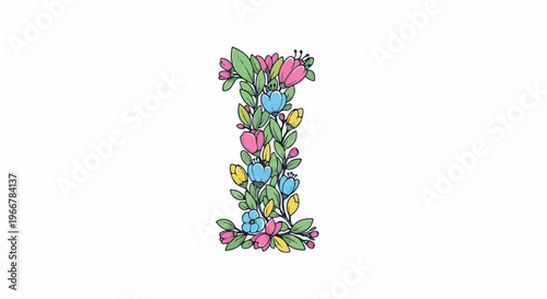 Letter 'I' formed by colorful blooming flowers and green leaves
