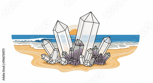 Large crystals emerge from sandy beach with ocean waves and sunset backdrop