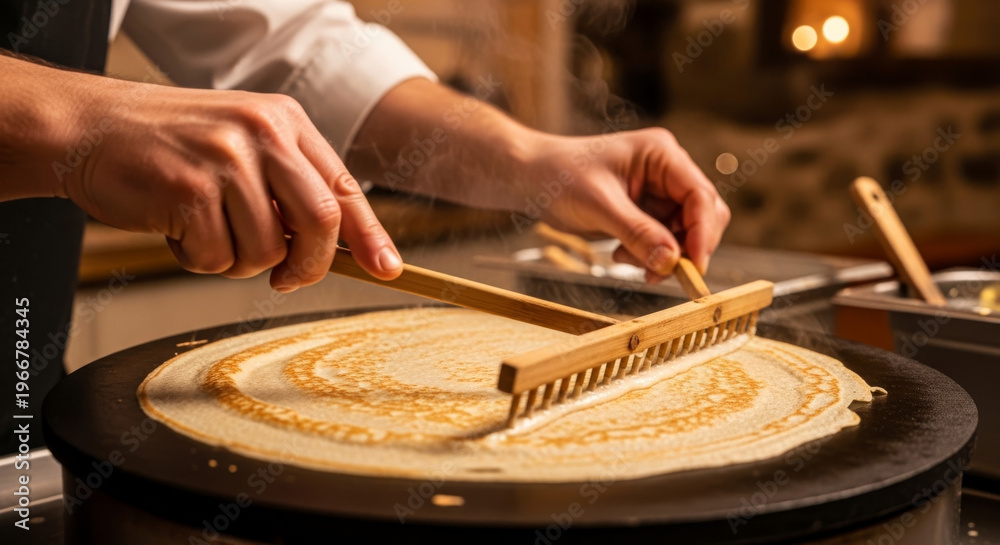 Fototapeta premium Traditional Breton crepe being made on a billig griddle