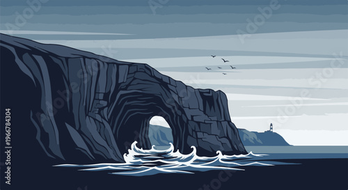 Pixel art seascape with rocky arch, ocean waves, and distant lighthouse