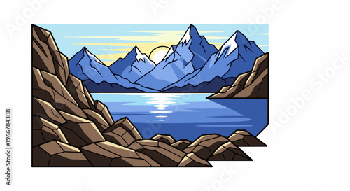 Pixelated mountain lake landscape with sunrise and rocky foreground