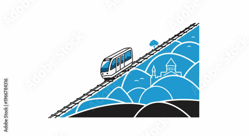 Modern train ascends hilly terrain with village and distant structures