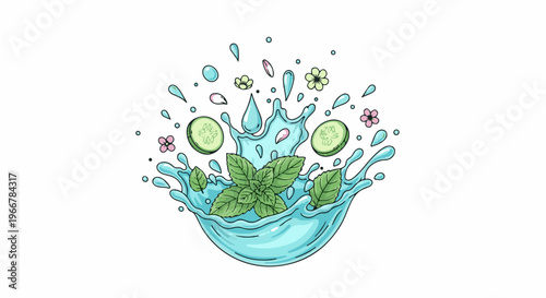 Refreshing water splash with mint, cucumber slices, and delicate flowers