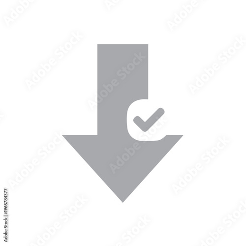 Obraz na plátně Monochromatic gray downward arrow graphic incorporates a small checkmark icon near its tip, representing a completed or successful