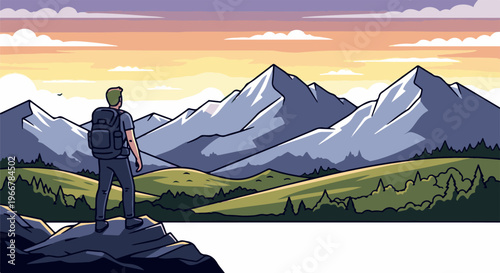 Hiker overlooks majestic snow-capped mountains at sunset