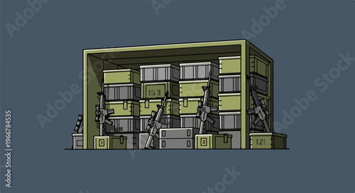 Pixelated arsenal in stacked crates with rifles ready for deployment