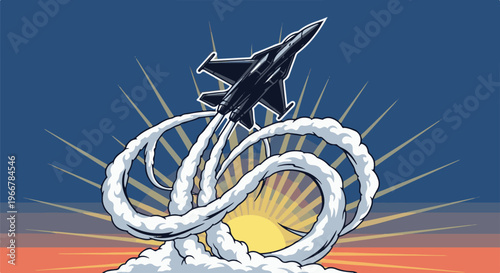 Jet fighter soaring through clouds against a sunburst sky