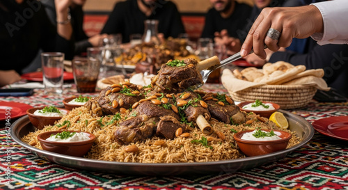 Traditional Jordanian mansaf lamb dish being served on a communal platter