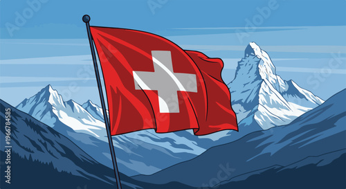 Red flag with white cross waves in front of snow-capped mountains
