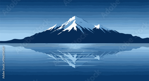 Pixelated mountain peak with snow reflecting in calm water, cool tones